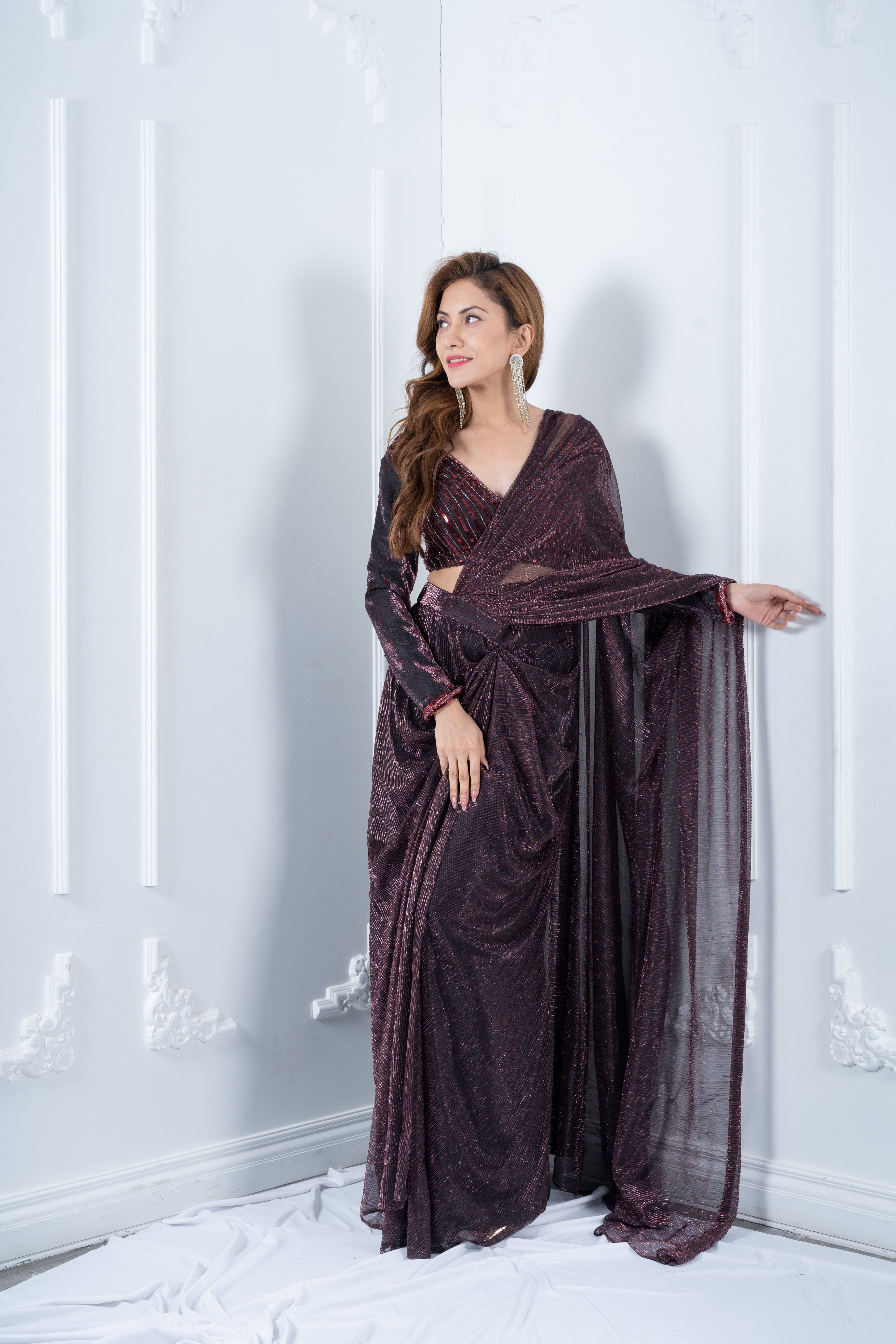 Maroon Sequins Blouse with maroon pleated drape saree